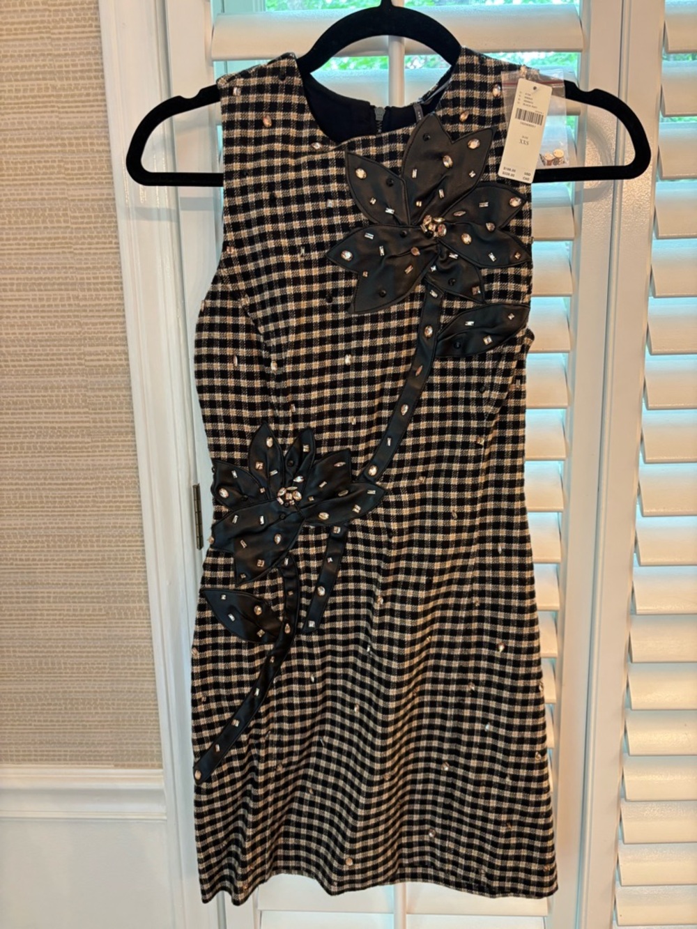 Black & Tan / Gold checked mini dress with leather appliqué’s